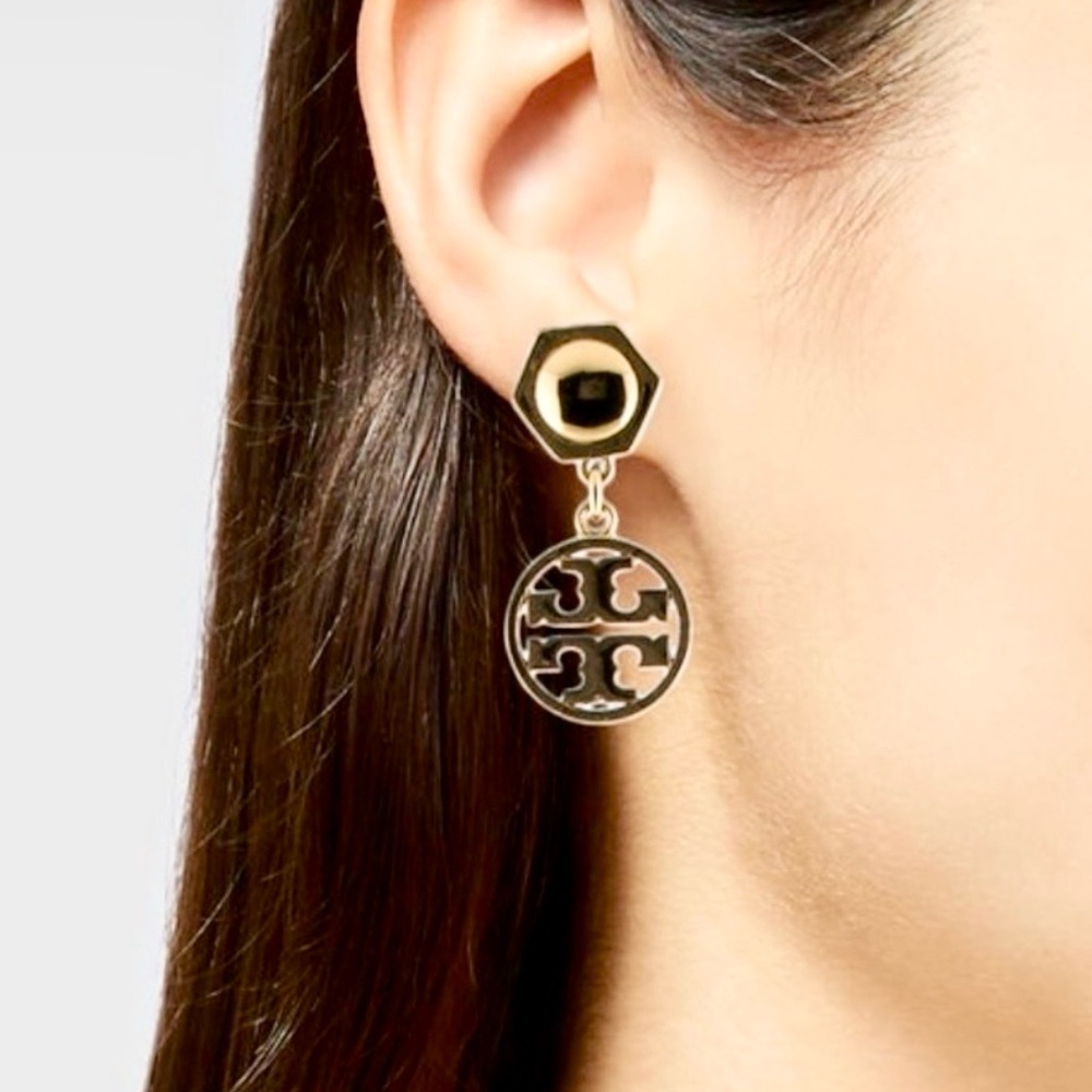 Authentic Tory Burch Hexagon Circle Logo Earrings